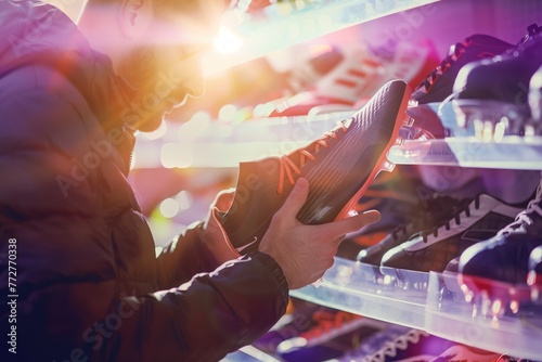 shopper examining highend soccer boots under a bright light photo