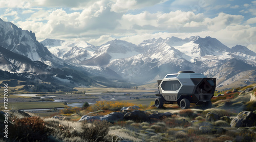 One off road campsite in yellowstone national park, in the style of silver and black, industrial-inspired, terragen, weathercore, cinquecento