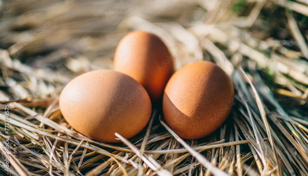 Closeup of three Chicken eggs on straw background, organic, natural, healthy food concept Closeup of three Chicken eggs on straw background, organic, natural, healthy food concept