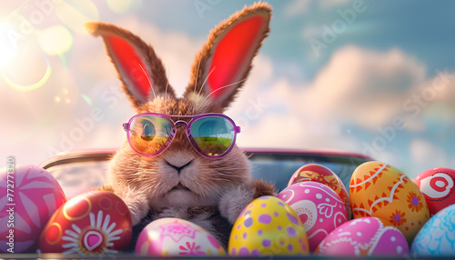 Cute easter bunny in grass with flowers and easter eggs with copy space