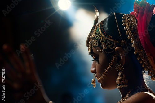 closeup of ornate headpiece on dancer, spotlighted photo