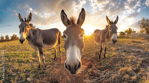 Three donkeys are standing in a field as the sun sets, casting a warm glow over the landscape