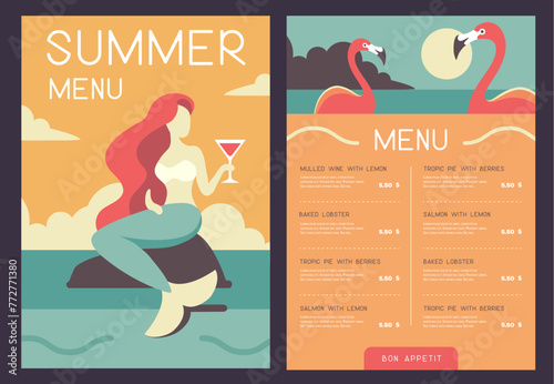 Retro summer restaurant menu design with mermaid and cocktail glass. Vector illustration