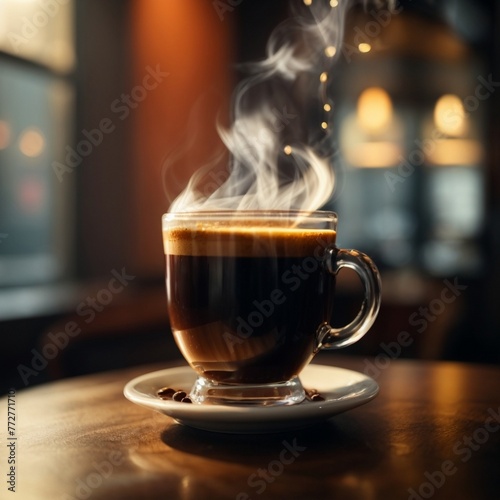 A cup of coffee with steam rising from the surface and a hint of sweetness in the air