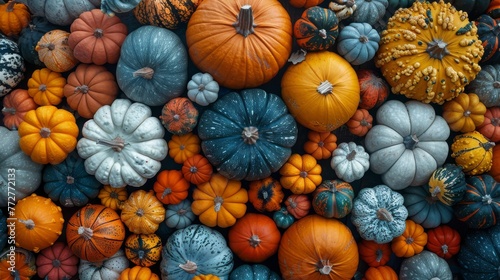  A group of pumpkins stacked on top of each other with orange and blue hues surrounding them