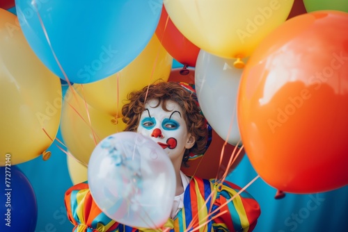 young clown with painted face holding a bunch of balloons