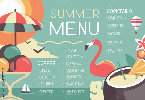 Retro summer restaurant menu design with flamingo, ice cream and pina colada cocktail. Vector illustration