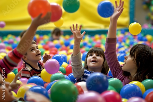 children in a ball pit, tossing colorful balls up photo