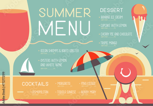 Retro summer restaurant menu design with wine glass, beach umbrella, ice cream and woman in hat. Vector illustration