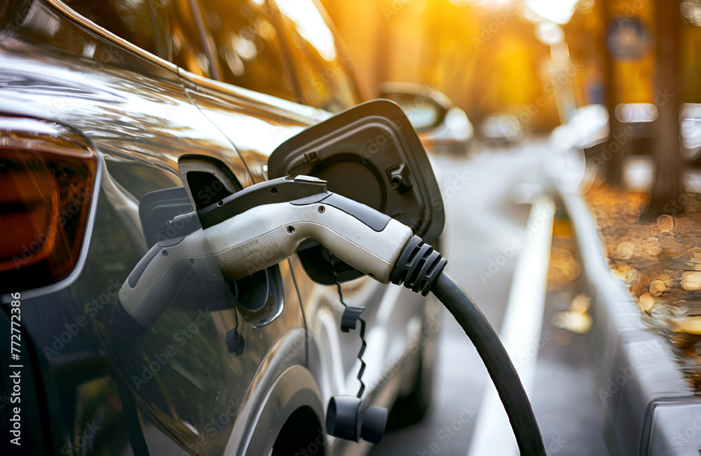 Close up EV charging station for electric car. Concept home charging for electric vehicles. Concept of green energy and eco power produced from sustainable source. Close up EV charging station for electric car. Concept home charging for electric vehicles. Concept of green energy and eco power produced from sustainable source.