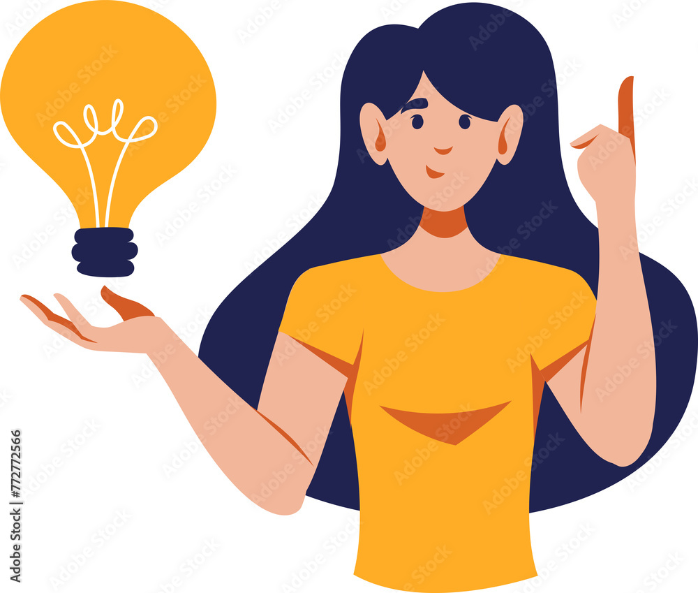 Woman with bulb icon. Education, studying, decision, idea, solution, insight, inspiration concept. Woman with bulb icon. Education, studying, decision, idea, solution, insight, inspiration concept.