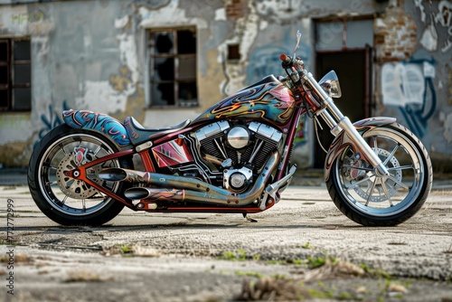 custom motorcycle with an artistically designed muffler photo