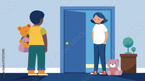 A child clutching onto a stuffed toy while standing at the doorway watching their parent drive away. The childs reliance on the toy for comfort
