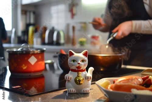 maneki neko on a kitchen counter, person cooking nearby