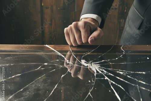 businessmans fist hitting a cracked desk photo