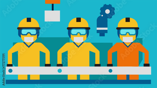 An assembly line of workers wearing safety goggles and protective gear carefully embling intricate machinery with practiced efficiency.