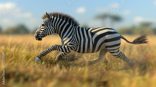 Sprinting zebra, random and photorealistic, across grasslands in natural lighting ,3DCG,high resulution photo