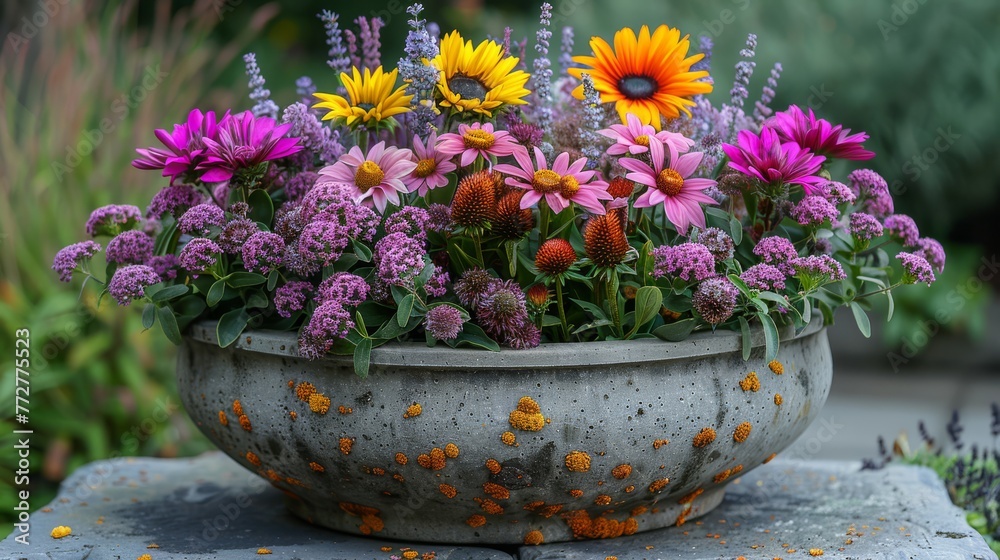 A planter overflowing with vibrant blooms perched atop a gray cement slab, adjacent to a verdant meadow