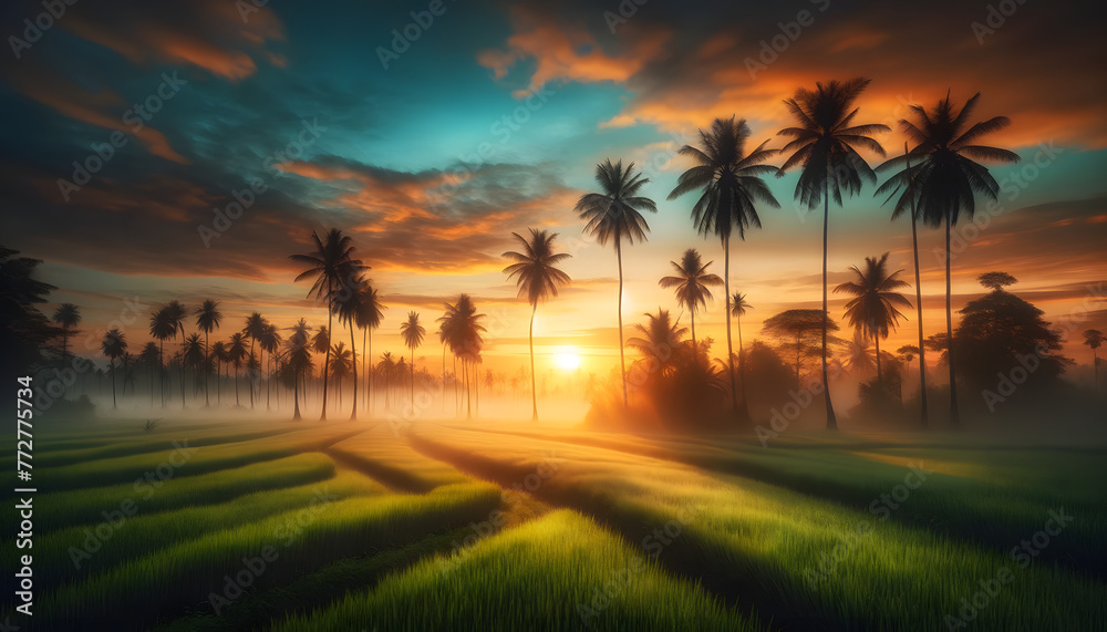 A tranquil scene capturing the moment of sunrise over a lush field. In the foreground, tall palm trees are silhouetted against a vibrant sky transitioning from warm orange and yellow at the horizon