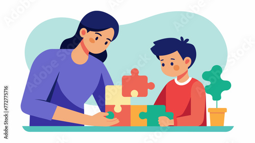 A parent and child working on a puzzle together with the parent offering guidance and support but ultimately allowing the child to figure it