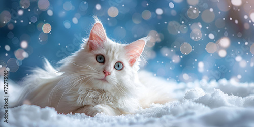 Beautiful white fluffy turkish angora cat on snow background. generative ai