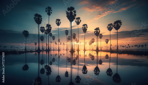 A peaceful and idyllic sunrise scene featuring tall, slender palm trees. The sky is painted with the soft glow of dawn #772776101
