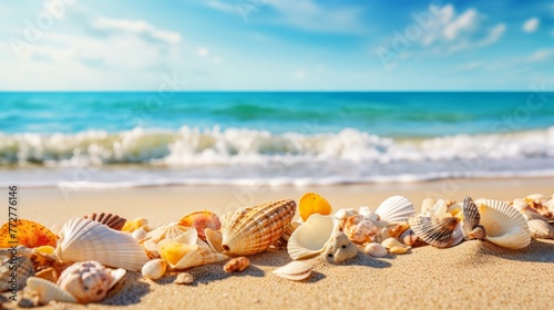 Sea and seashells. A lot of empty sea shells on the beach, close-up view. Sea coast and sea flora.