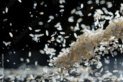 Japanese Rice flying explosion, white grain rices fall abstract fly photo