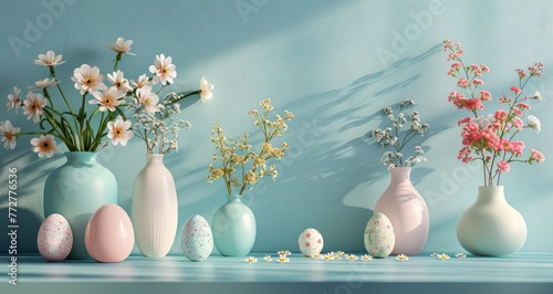 Pastel Easter Eggs and Vases on Light Blue Wall