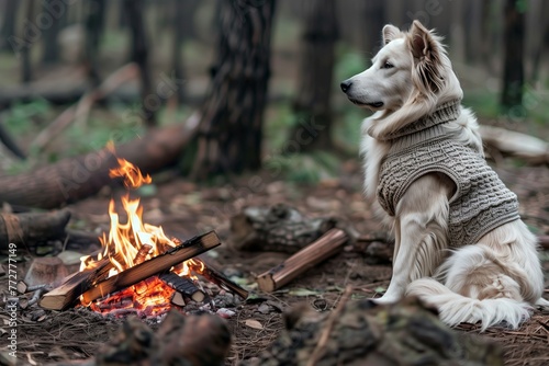 dog wearing a knitted sweater sitting by a campfire