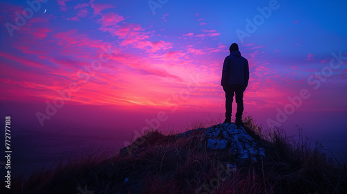 A person stands as a silhouette atop a mountain peak  overlooking a vibrant sunset that paints the sky with hues of red and blue. 