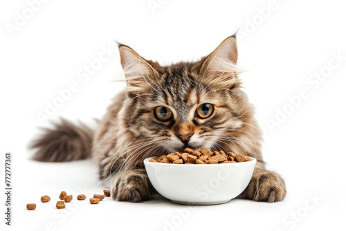 Happy cat with bowl of dry food for pets. isolated on white background