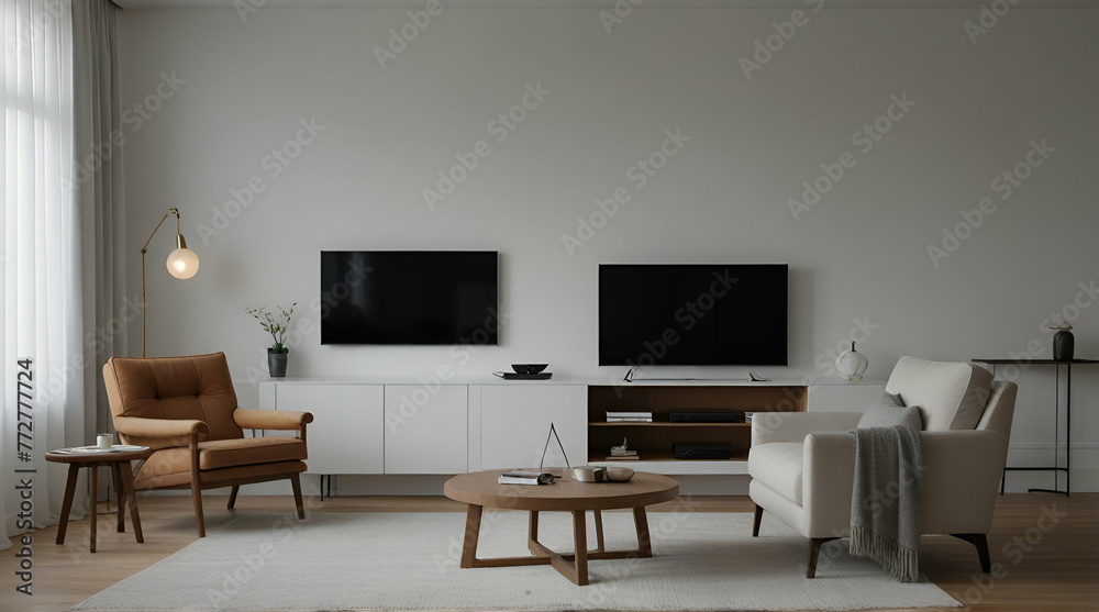 TV cabinet on the white wall in living room with armchair,minimal design. generative.ai