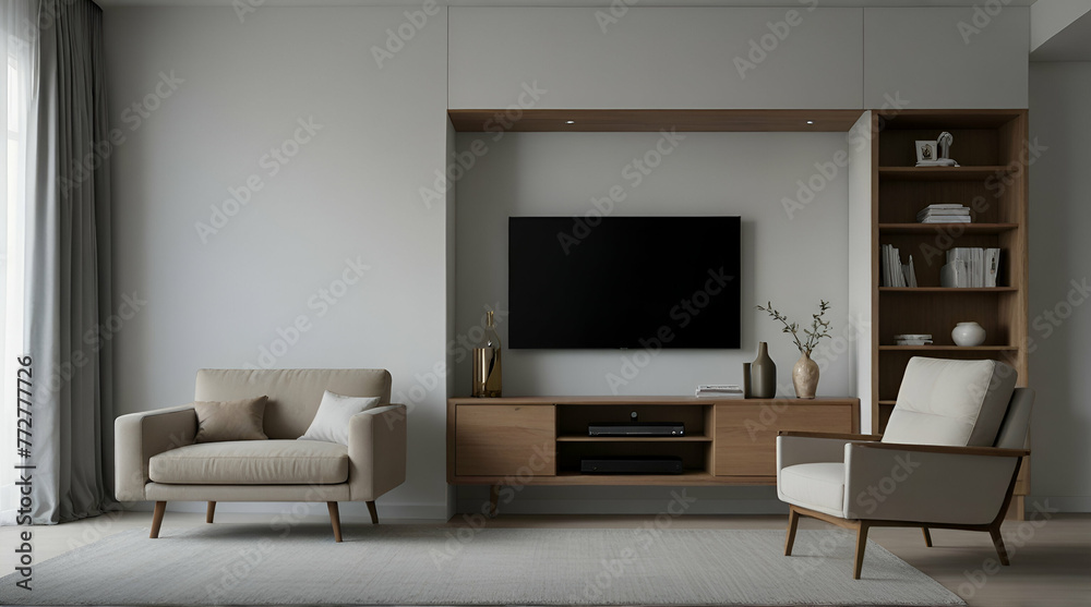 TV cabinet on the white wall in living room with armchair,minimal design. generative.ai