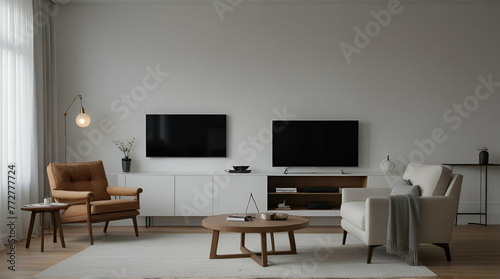 TV cabinet on the white wall in living room with armchair,minimal design. generative.ai © Amara