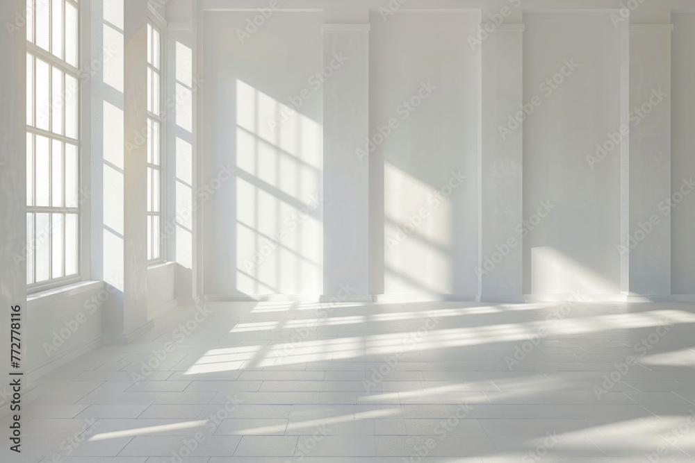Fototapeta premium White minimalistic room with blank walls and sunlight streaming through windows. Creating a background of sun rays and shadows