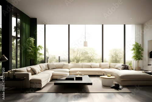 Modern living room interior design with white sofa  coffee table and plant. light green tones