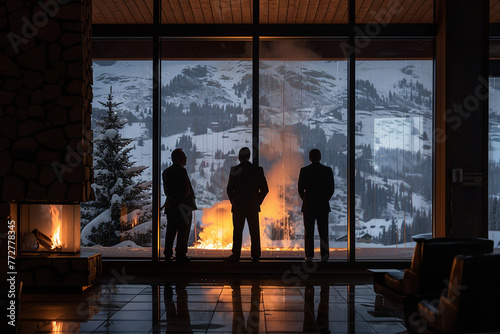 Business leaders outlined against a backlit window overlooking a snow-covered landscape, their forms softly illuminated by the glow of a roaring fireplace.