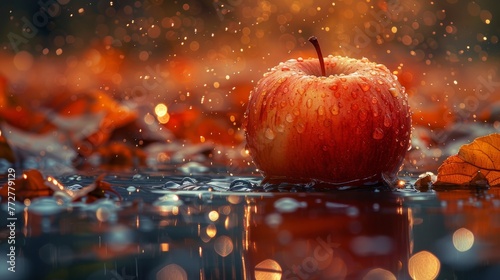  A red apple sits atop a puddle near a leaf-shaped object