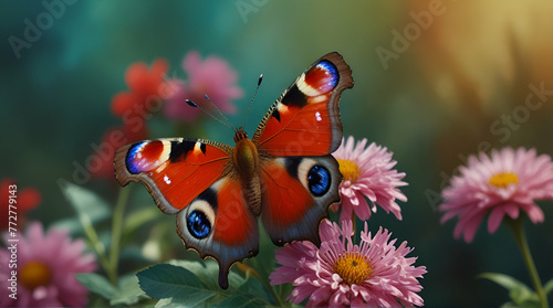 A bright red peacock butterfly sits on purple asters and drinks nectar with a proboscis in the sunlight on an autumn day. Red butterfly on purple flowers. generative.ai photo