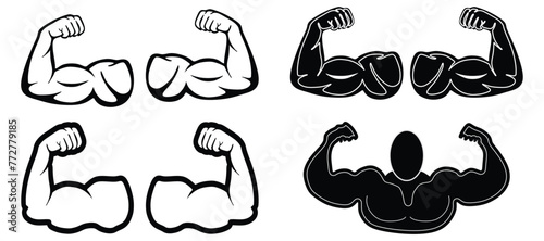 Arm Muscle Flex Strong emoji line black icon set . Bodybuilder vector collection macho biceps gym flexing doodle hand isolated on transparent background. Power strength weightlifting symbol photo