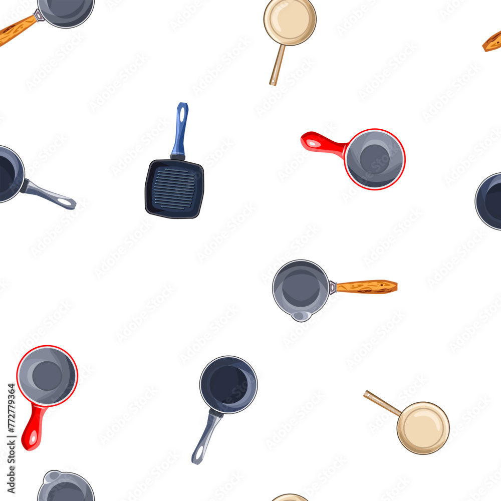 Seamless pattern with frying pans on a white background for printing in cafe and restaurant menus. Bright dishes for roasting and stewing food. Vector illustration for packaging. Seamless pattern with frying pans on a white background for printing in cafe and restaurant menus. Bright dishes for roasting and stewing food. Vector illustration for packaging.