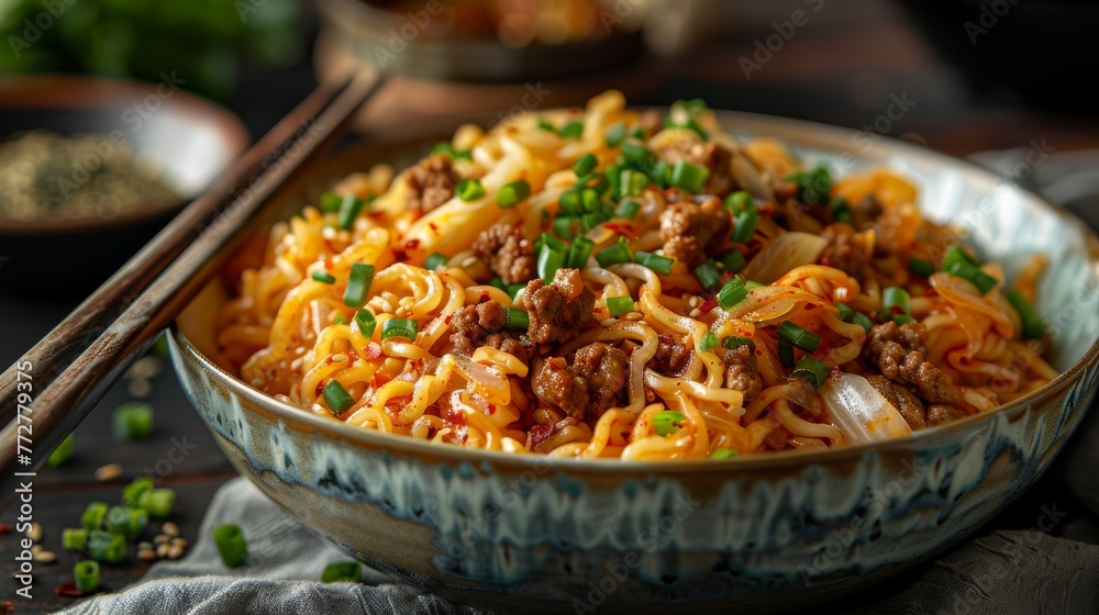 A detailed image of a single bowl of food surrounded by chopsticks A detailed image of a single bowl of food surrounded by chopsticks