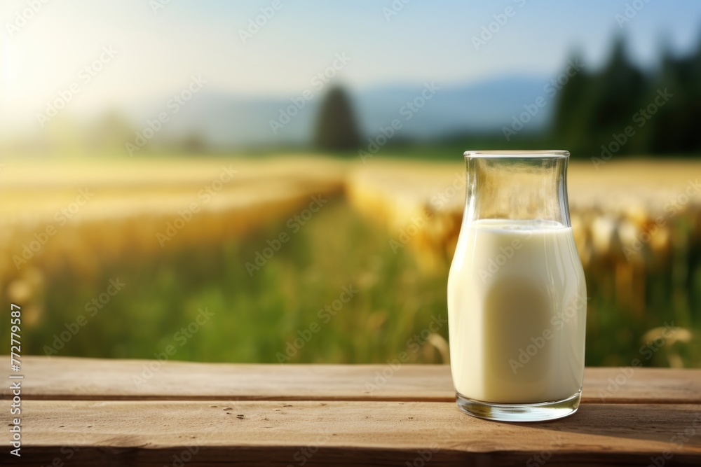 Glass of Milk on Wooden Table. Generative AI Glass of Milk on Wooden Table. Generative AI