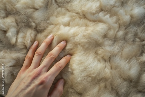 close view of mineral wool texture with hand pressing down