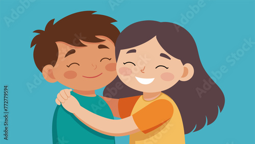 The siblings share a warm hug with their eyes closed and a smile on their faces conveying a sense of contentment and happiness in each others