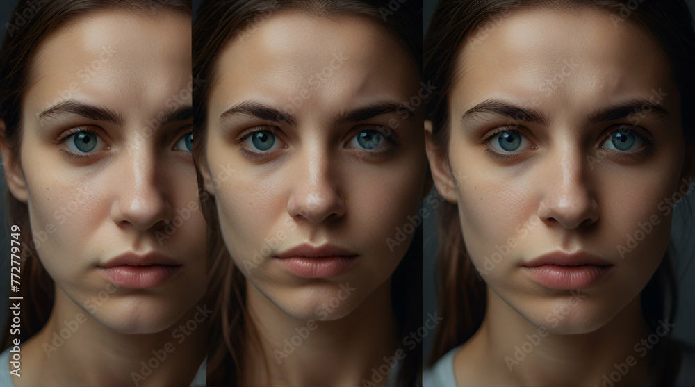 bipolar disorder people emotion mental woman. Close-up photo of a young beautiful sad woman suffering from multiple personality disorders. generative.ai bipolar disorder people emotion mental woman. Close-up photo of a young beautiful sad woman suffering from multiple personality disorders. generative.ai