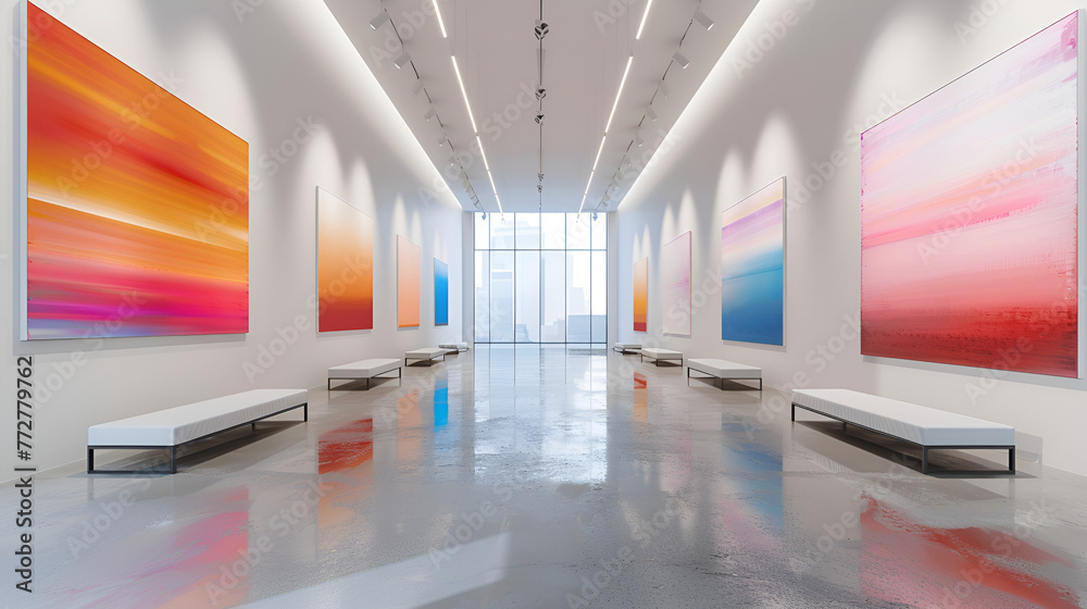 An art gallery with beautiful paintings displayed on the walls, generative Ai