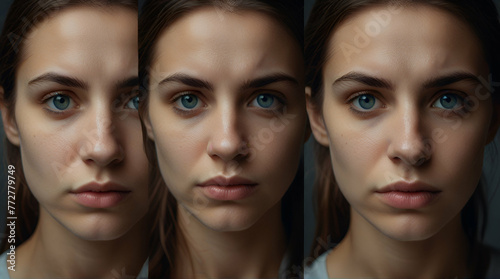 bipolar disorder people emotion mental woman. Close-up photo of a young beautiful sad woman suffering from multiple personality disorders. generative.ai