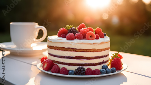 Delicious cake with berries and cup of coffee on table in garden